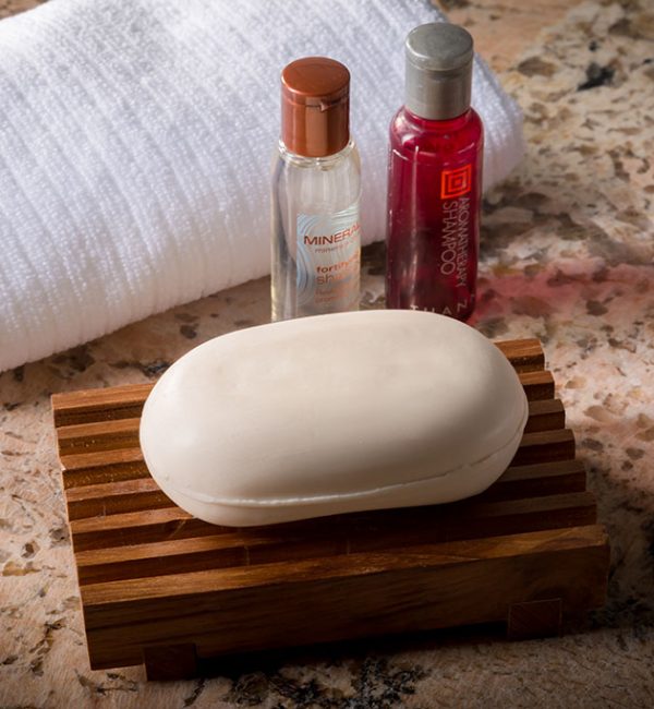 teak soap dish with shampoo bottles and towel