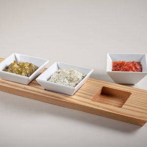 wood restaurant food trays with ramekin inserts